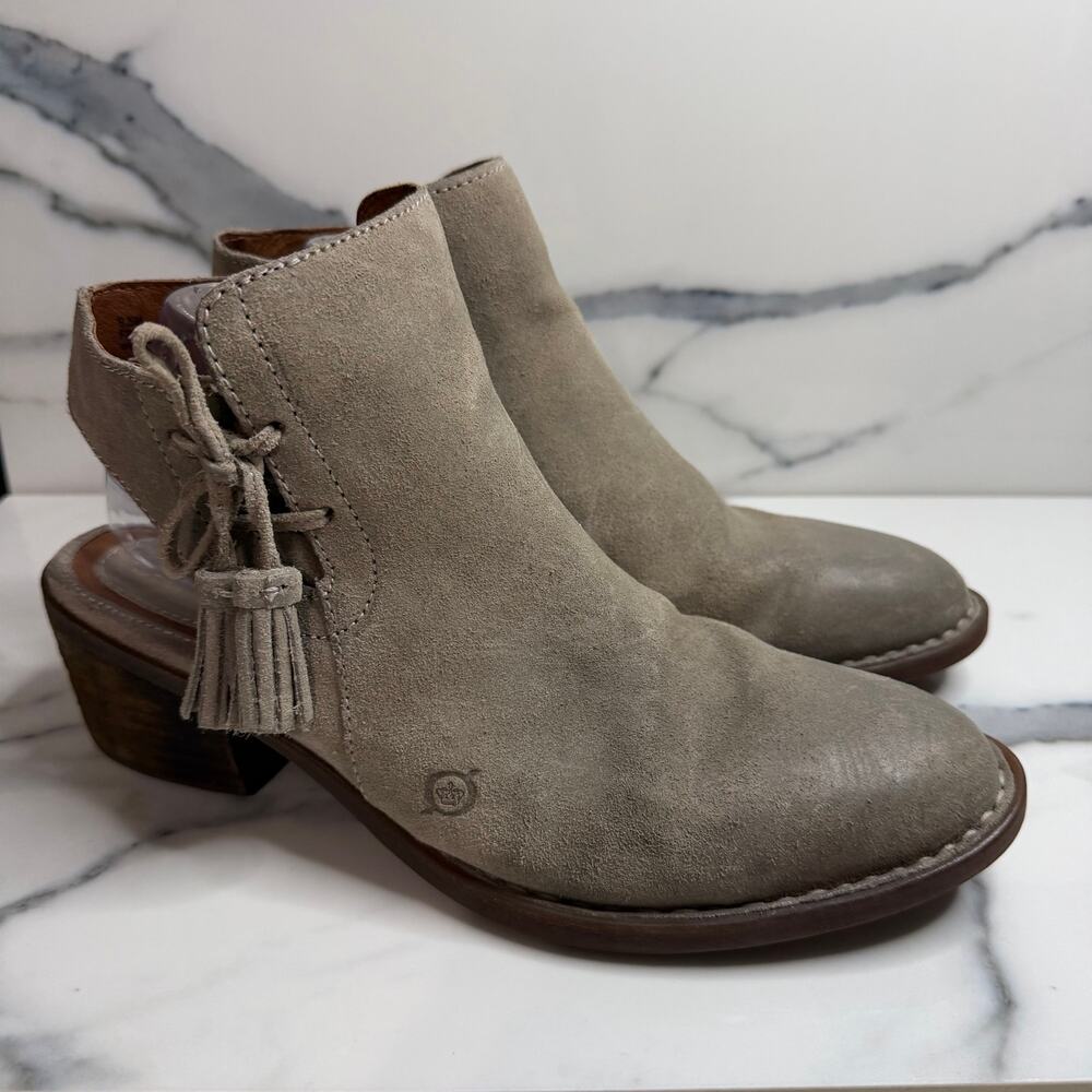 Born Taupe Leather Monikah Boots Sz 9.5 Festival Boho Western Fringe Side Zip